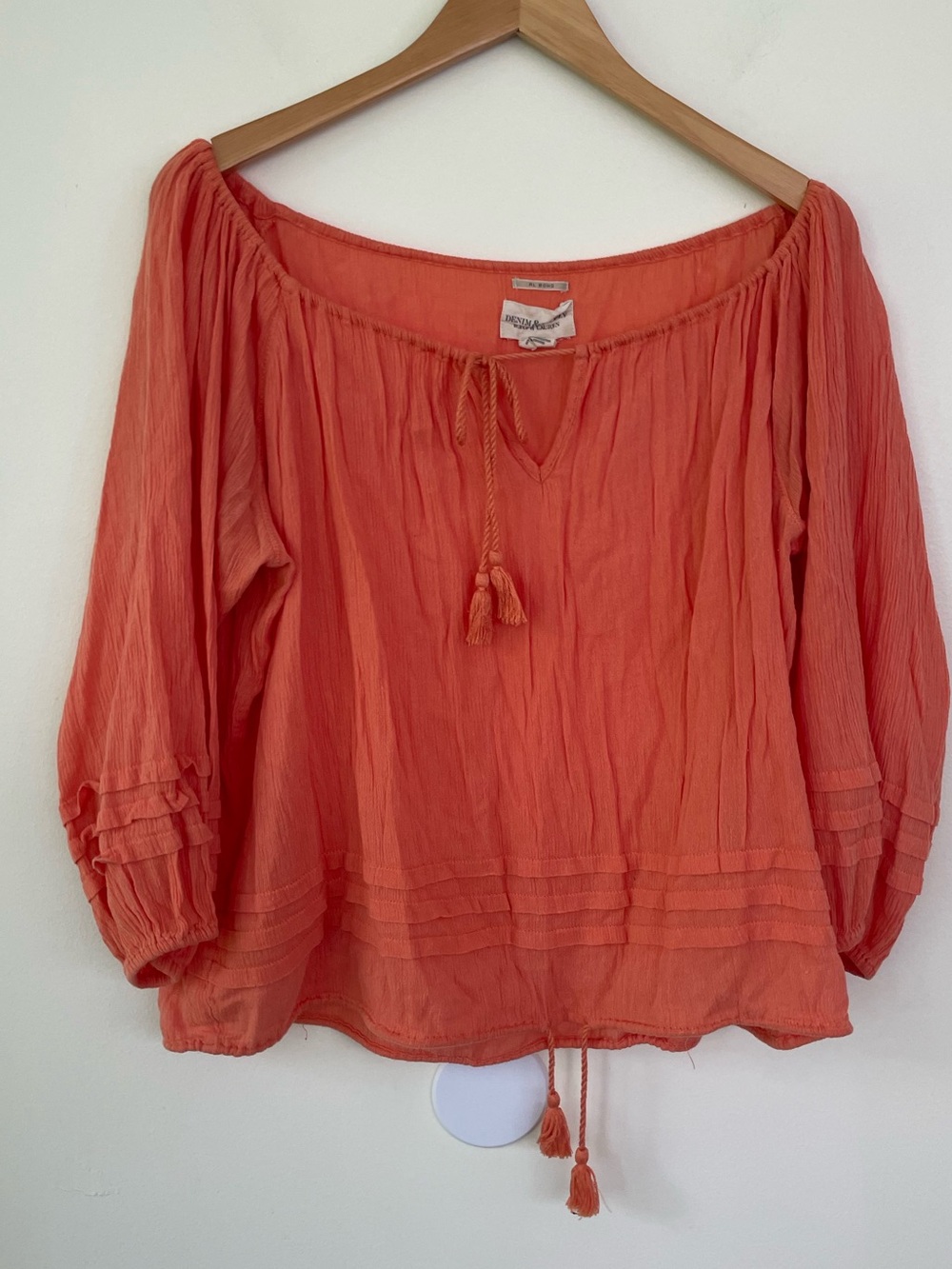 Denim & Supply Ralph Lauren Boho Orange Tassel Puff Sleeve Cotton Blend Top XS